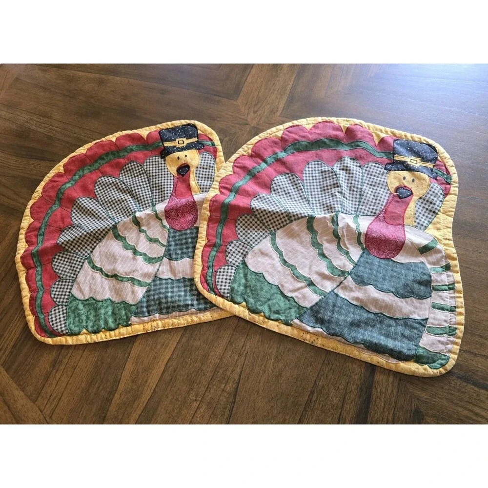 Vintage Thanksgiving Turkey Quilted Placemats Set of 2 Primitive Country Fall